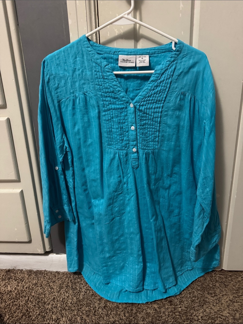 Vermont Country Store Turquoise Pintuck Button V-Neck Tunic